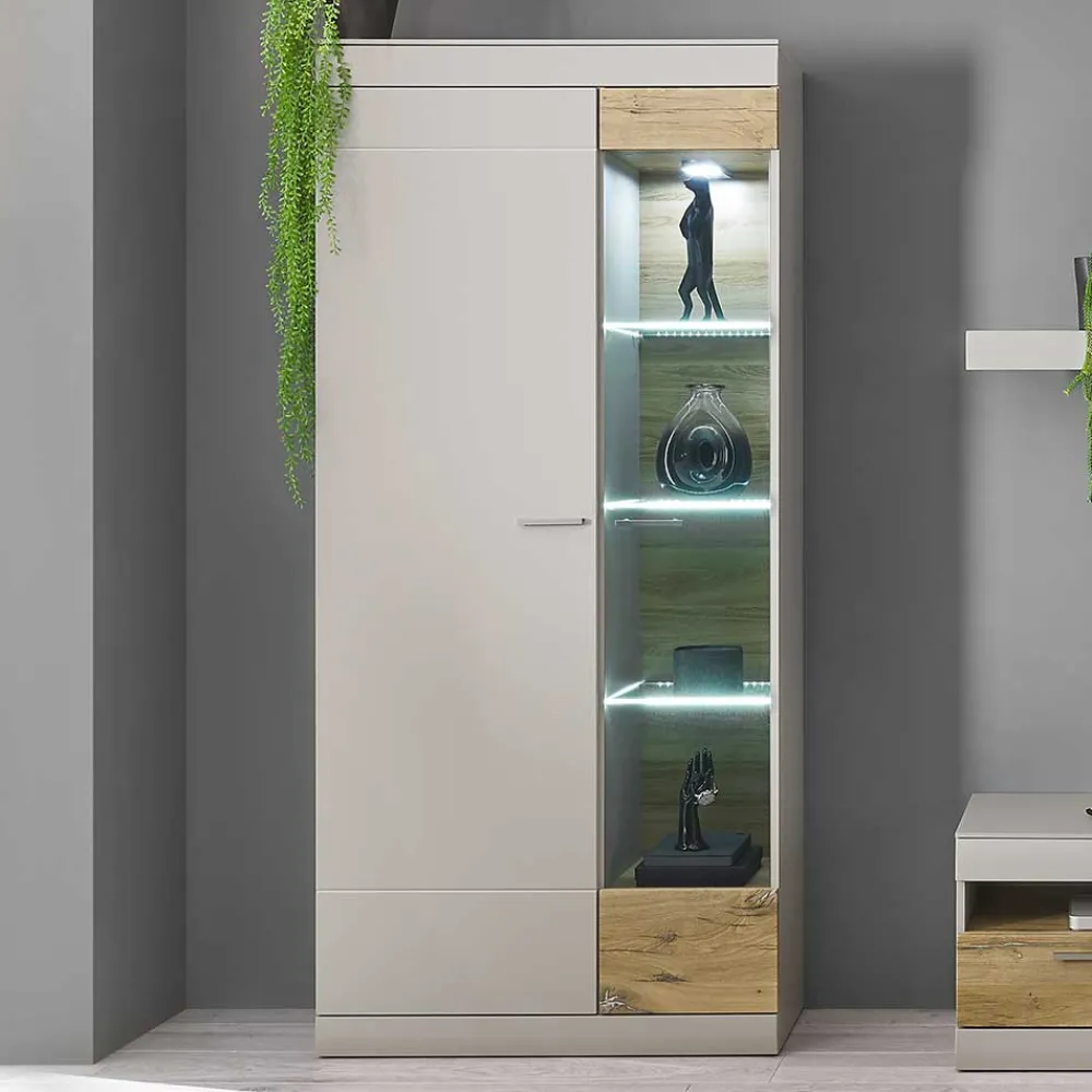 Wohnen Vitrinen|Wohnzimmer-Vitrinen*Vitrinenschrank in Hellgrau & Zinneiche NB - Lioscas