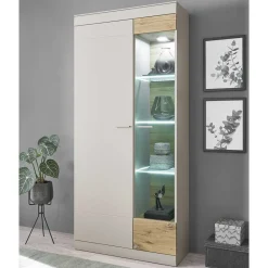 Wohnen Vitrinen|Wohnzimmer-Vitrinen*Vitrinenschrank in Hellgrau & Zinneiche NB - Lioscas