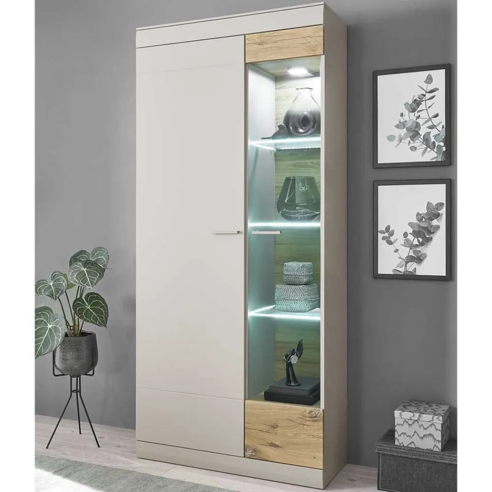 Wohnen Vitrinen|Wohnzimmer-Vitrinen*Vitrinenschrank in Hellgrau & Zinneiche NB - Lioscas