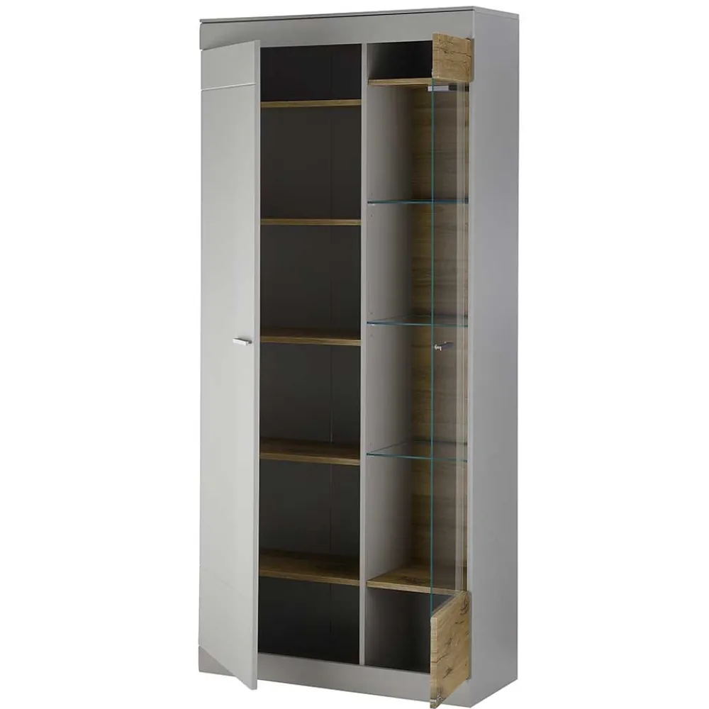 Wohnen Vitrinen|Wohnzimmer-Vitrinen*Vitrinenschrank in Hellgrau & Zinneiche NB - Lioscas