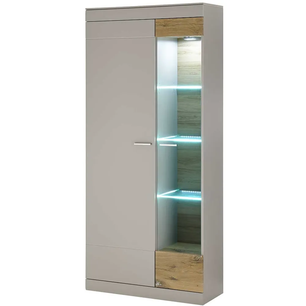 Wohnen Vitrinen|Wohnzimmer-Vitrinen*Vitrinenschrank in Hellgrau & Zinneiche NB - Lioscas