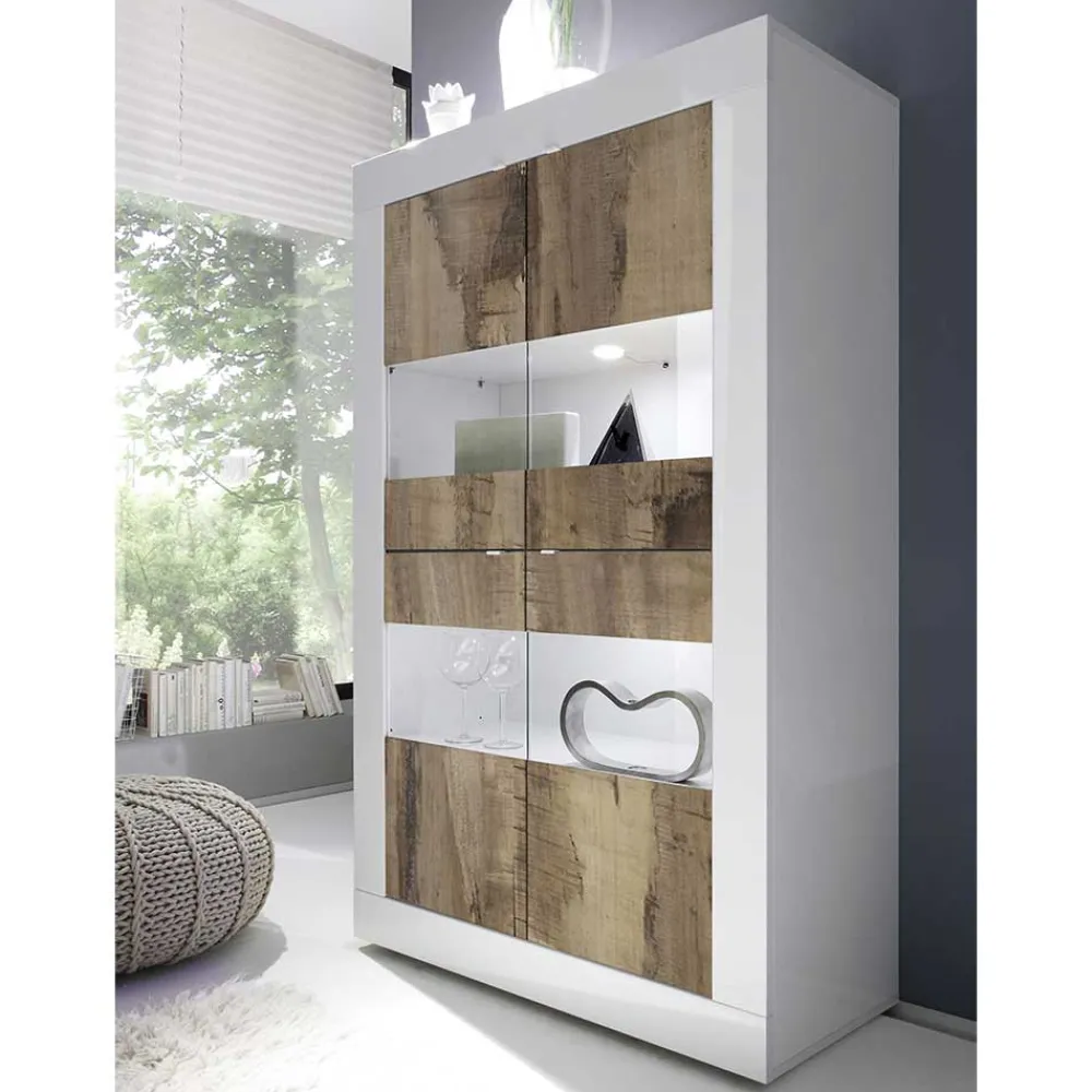 Wohnen Esszimmer-Vitrinen|Vitrinen*Vitrinenschrank in Holz verwittert & Weiß HG - Olvenion