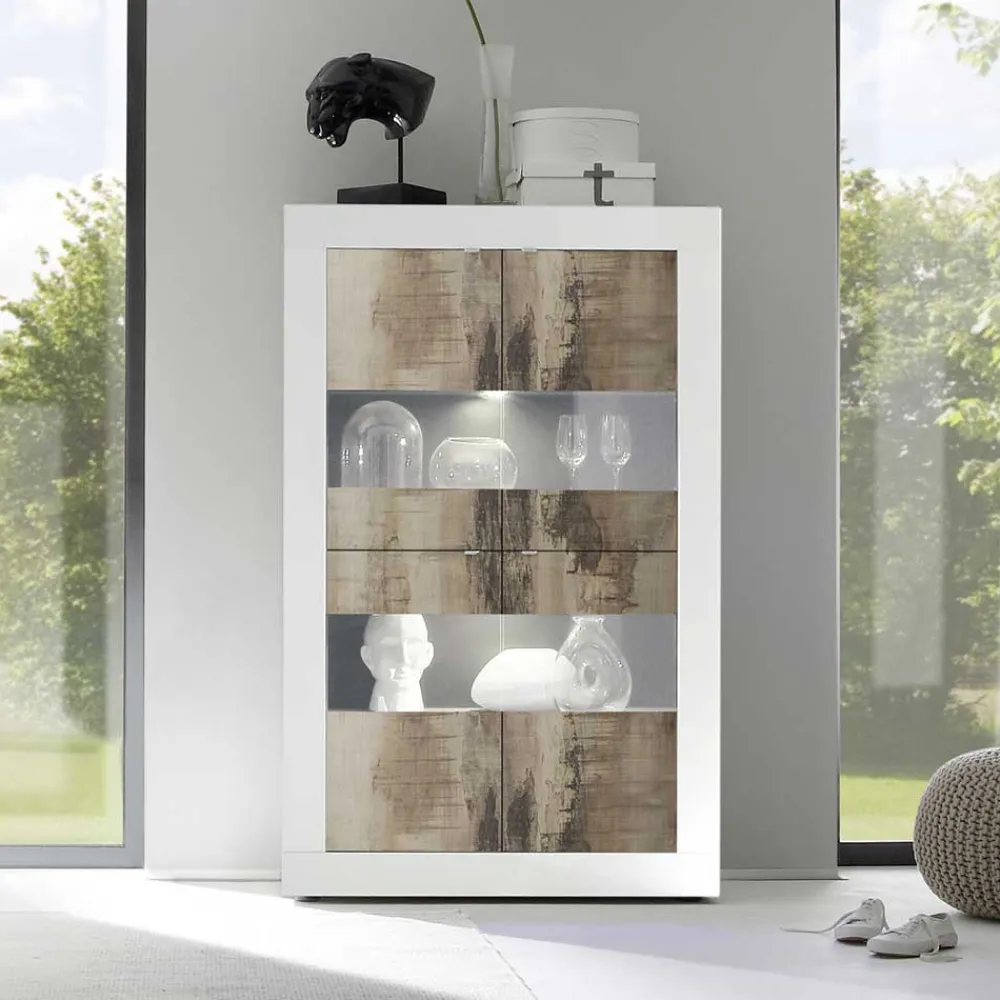 Wohnen Esszimmer-Vitrinen|Vitrinen*Vitrinenschrank in Holz verwittert & Weiß HG - Olvenion