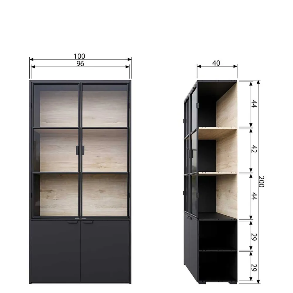 Wohnen Vitrinenschrank in Kiefer und Schwarz - Angoro