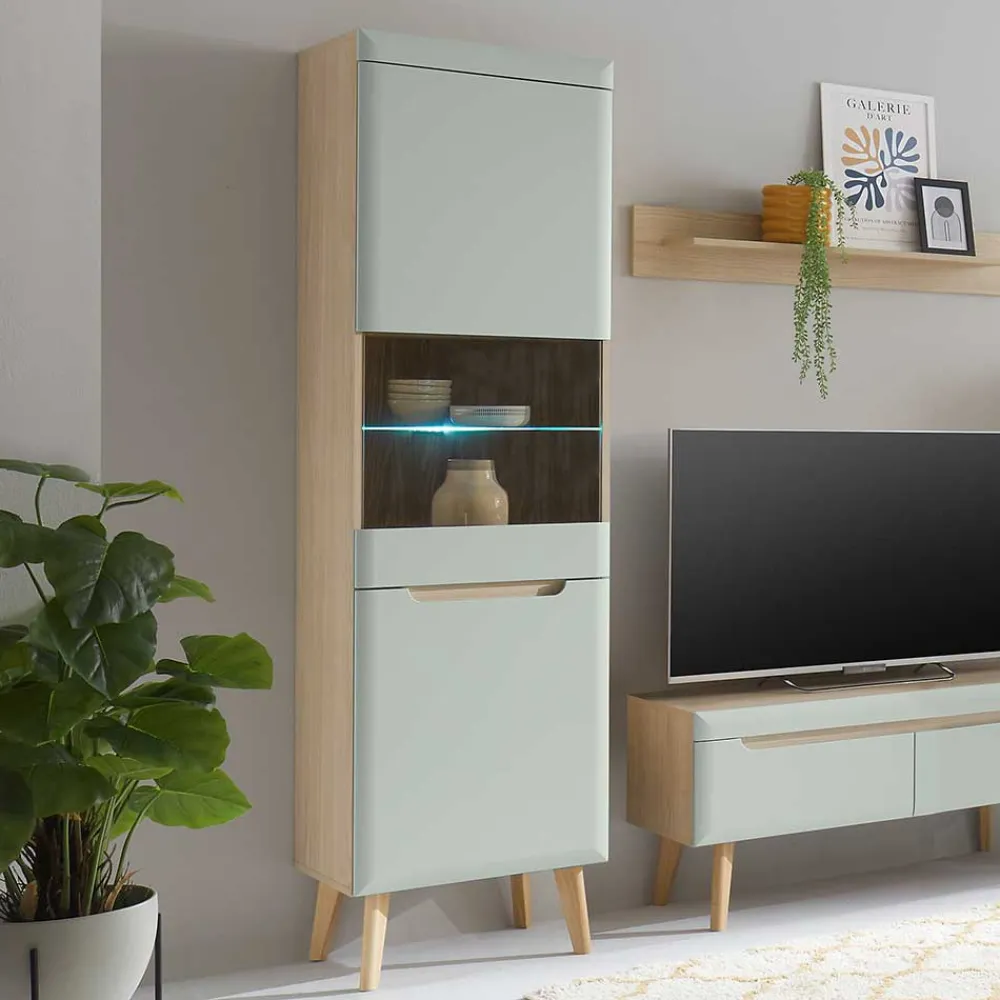 Wohnen Vitrinenschrank in Mintgrün und Eiche - Armina