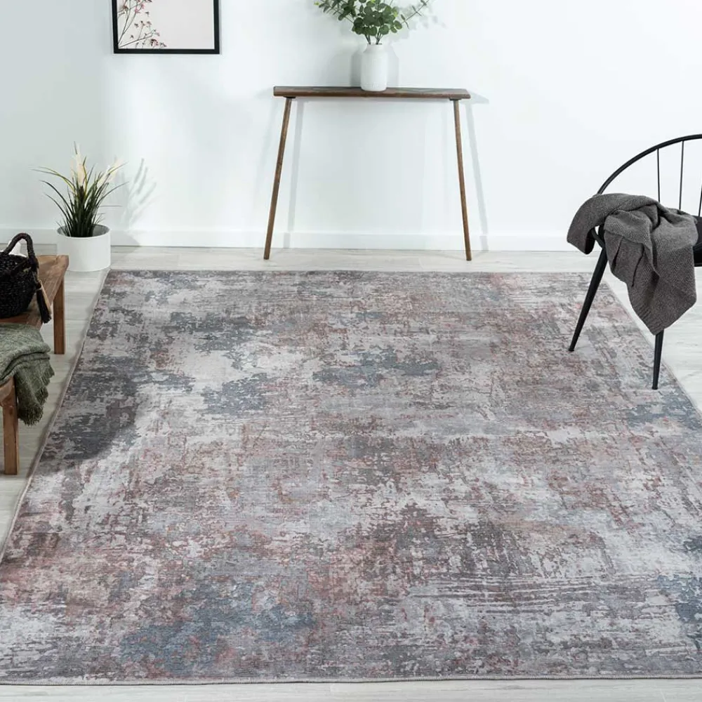 Wohnen Waschbarer Teppich in Blaugrau und Terracotta - Ursela