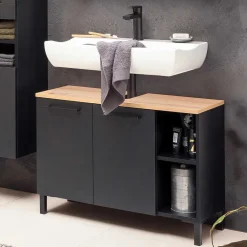 Wohnen Schwarze Möbel|Waschtisch*Waschbeckenunterschrank in Schwarz mit Wildeiche Dekor - Riguna