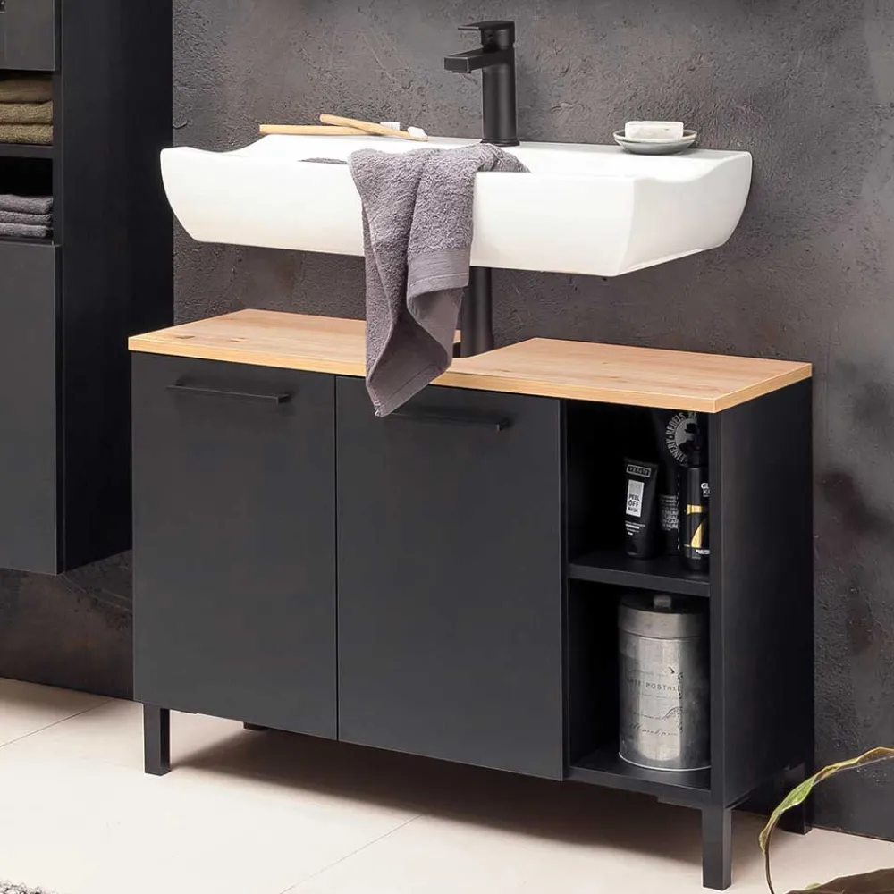 Wohnen Schwarze Möbel|Waschtisch*Waschbeckenunterschrank in Schwarz mit Wildeiche Dekor - Riguna