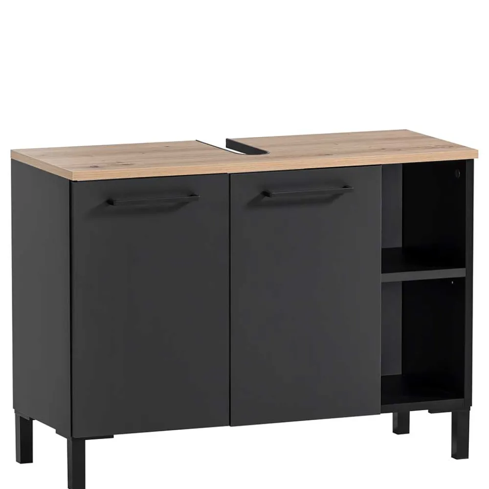 Wohnen Schwarze Möbel|Waschtisch*Waschbeckenunterschrank in Schwarz mit Wildeiche Dekor - Riguna