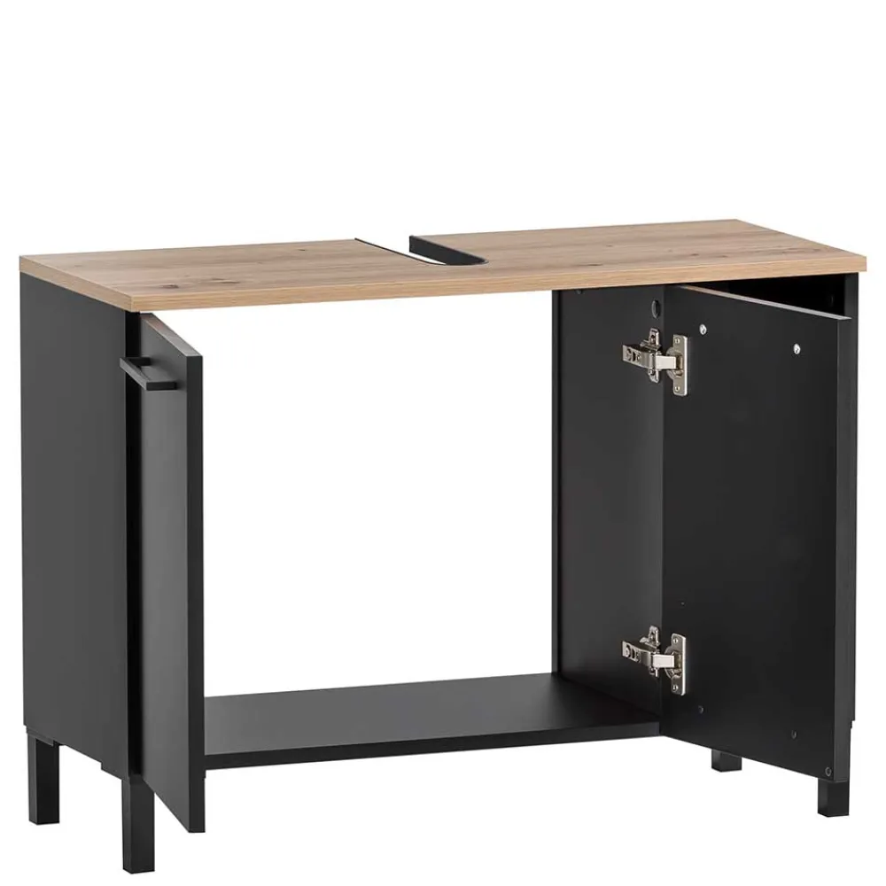 Wohnen Schwarze Möbel|Waschtisch*Waschbeckenunterschrank in Schwarz mit Wildeiche Dekor - Riguna