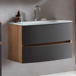 Wohnen Waschtisch|Waschbeckenunterschränke*Waschkonsole in Grau & Wildeiche - Larutta