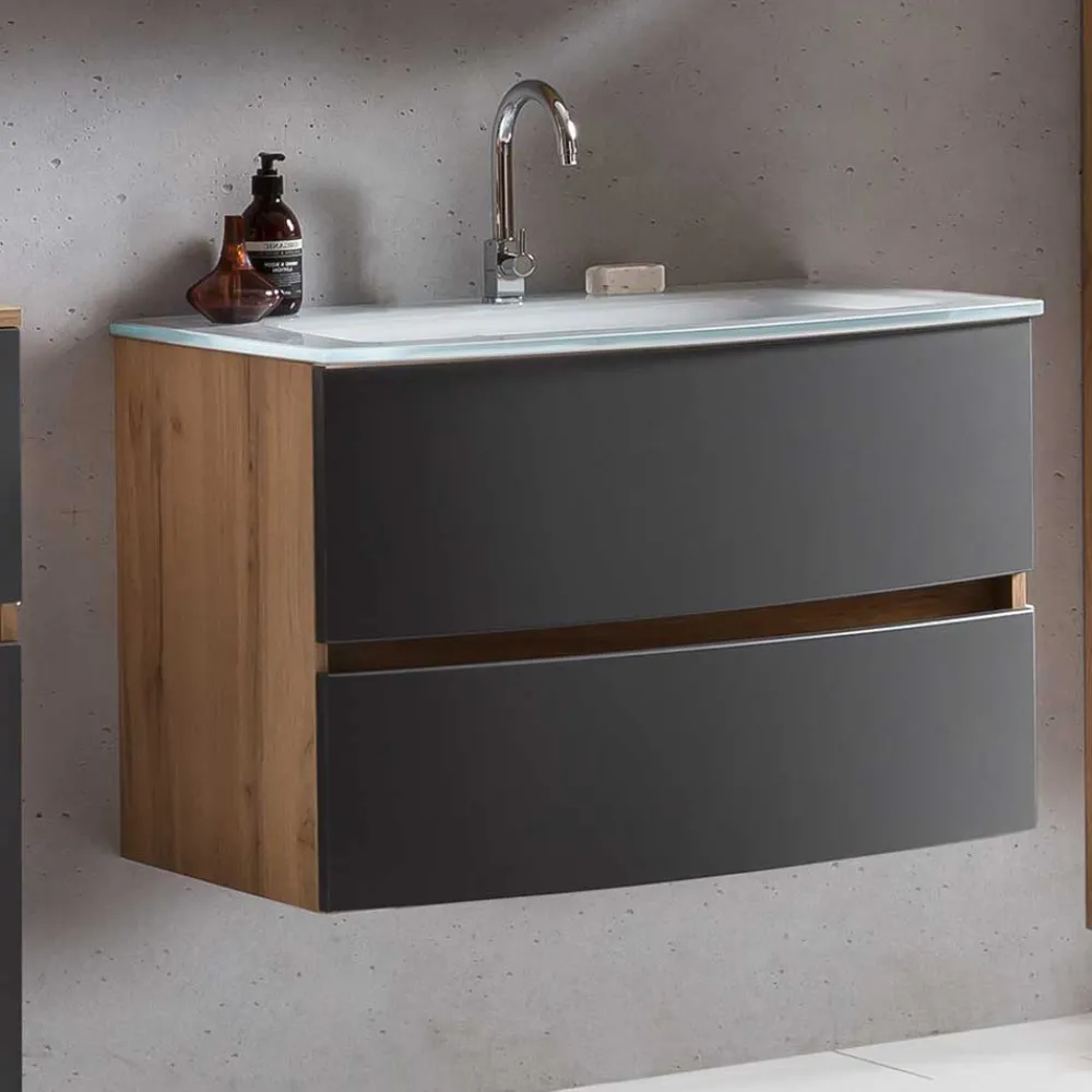 Wohnen Waschtisch|Waschbeckenunterschränke*Waschkonsole in Grau & Wildeiche - Larutta