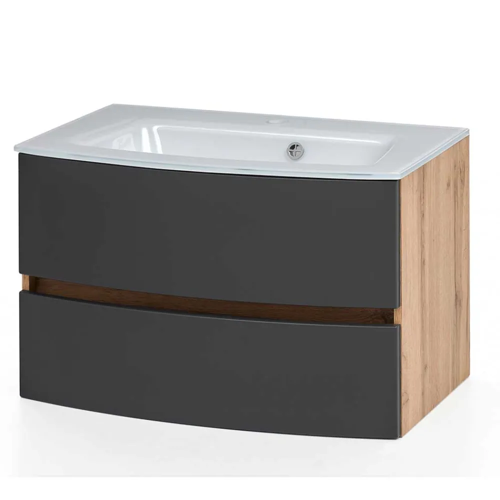 Wohnen Waschtisch|Waschbeckenunterschränke*Waschkonsole in Grau & Wildeiche - Larutta