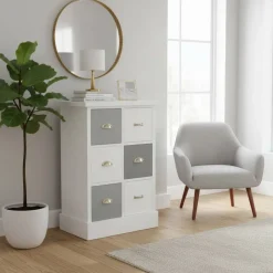 Wohnen Weiß Graue Kommode Sadine mit 6 Schubladen