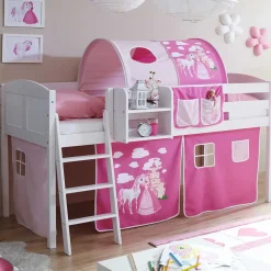 Kinder Wohnen Weiß lackiertes Hochbett Gestell mit Stoff in Pink - Dunyeta