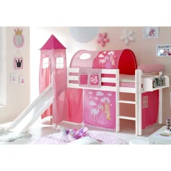 Kinder Wohnen Weiß lackiertes Hochbett mit Rutsche mit Stoff Pink - Simon
