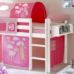 Kinder Wohnen Weiß lackiertes Hochbett mit Rutsche mit Stoff Pink - Simon