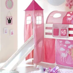 Kinder Wohnen Weiß lackiertes Hochbett mit Rutsche mit Stoff Pink - Simon