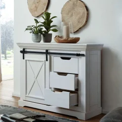 Wohnen Sideboards & Kommoden|Landhausmöbel*Weiße Kommode mit Schiebetür & Schubladen - Kuito