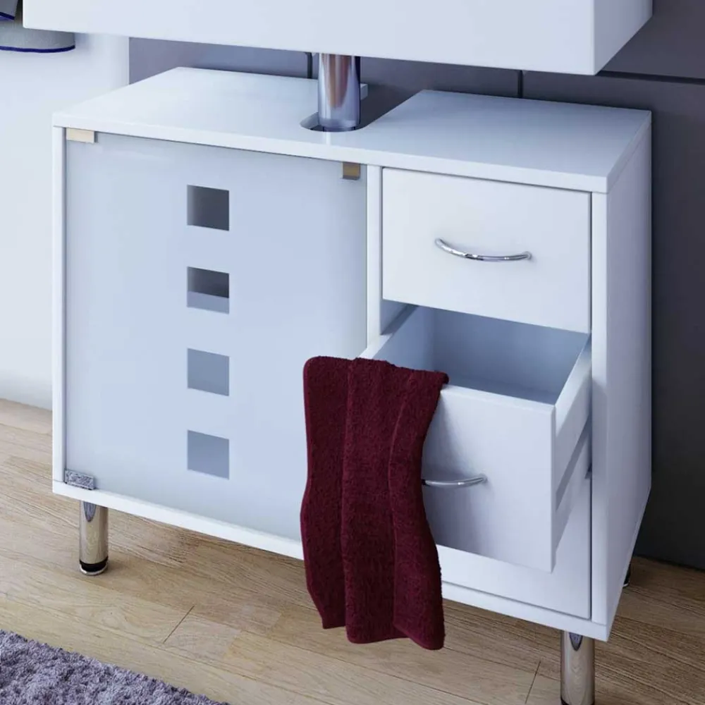 Wohnen Waschtisch|Waschbeckenunterschränke*Weißer Unterbeckenschrank mit Milchglas-Tür - Eiken
