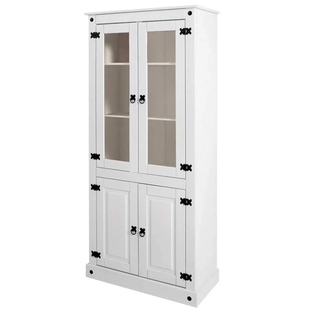 Wohnen Vitrinen|Wohnzimmer-Vitrinen*Weißer Vitrinenschrank aus Kiefer - Sergio