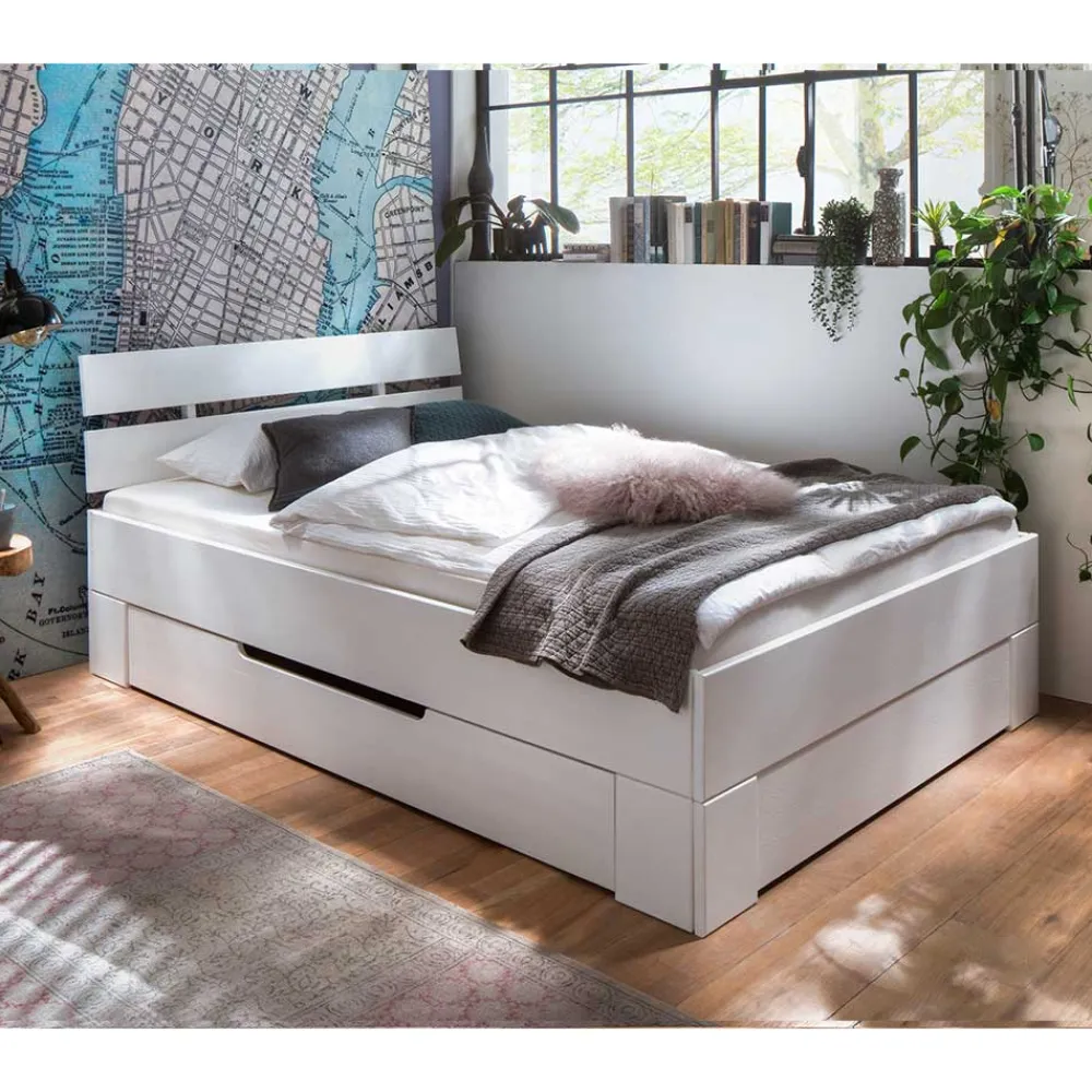 Wohnen Weißes Bettgestell aus Fichte Massivholz - Snoudy