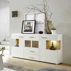 Wohnen Sideboards*Weißes Design-Sideboard mit Glas & LED - Lisepio