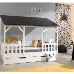 Kinder Wohnen Weißes Hausbett mit Dach in Schwarz - Gozo