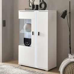 Wohnen Weißes Highboard mit Glaseinsatz und LED Beleuchtung - Tirol