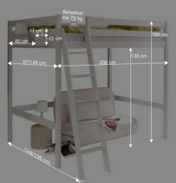 Wohnen Jugendbetten|Kindermöbel*Weißes Hochbett in 90x200 oder 140x200 - Kerfa