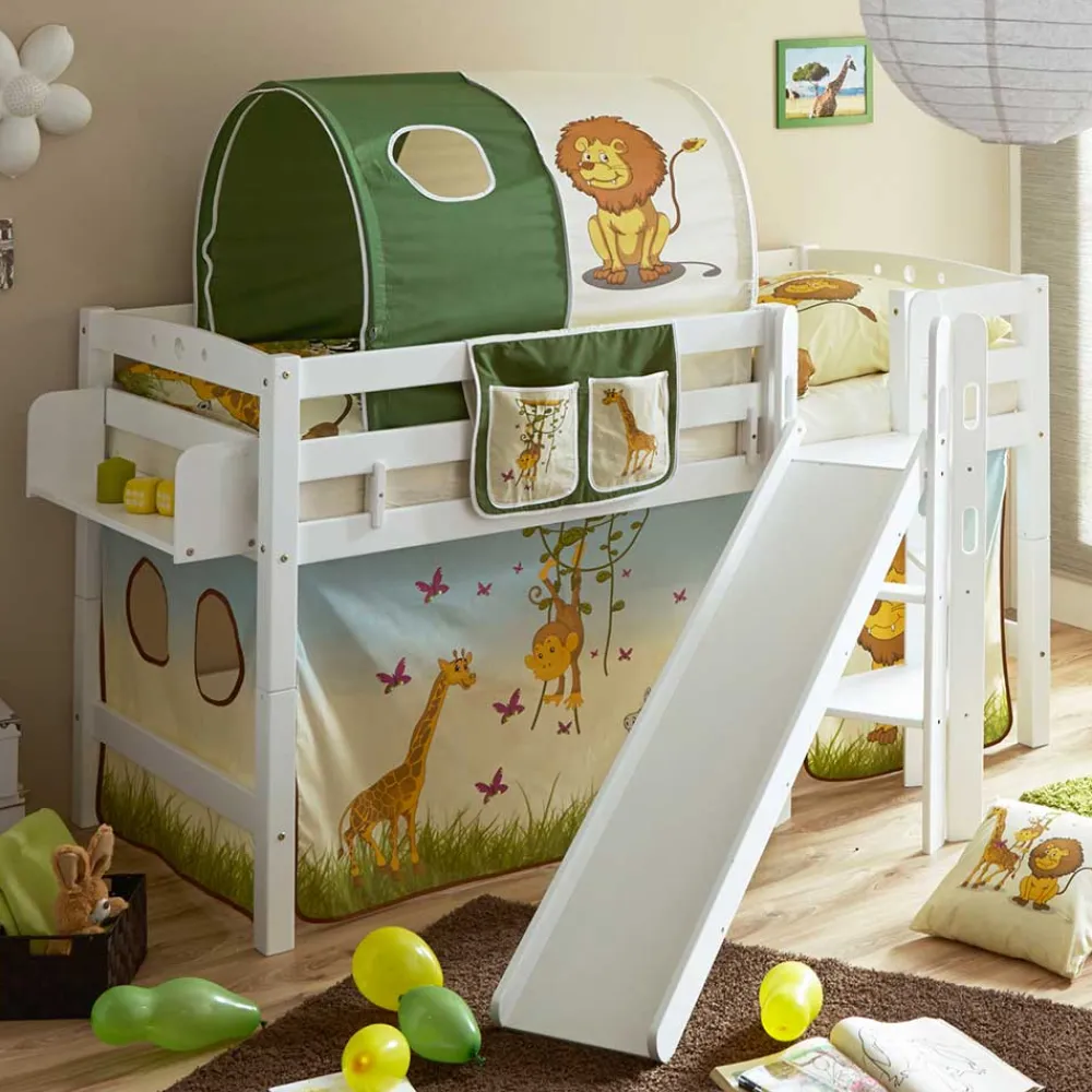 Kinder Wohnen Weißes Hochbett mit Podest Rutsche - Adnine