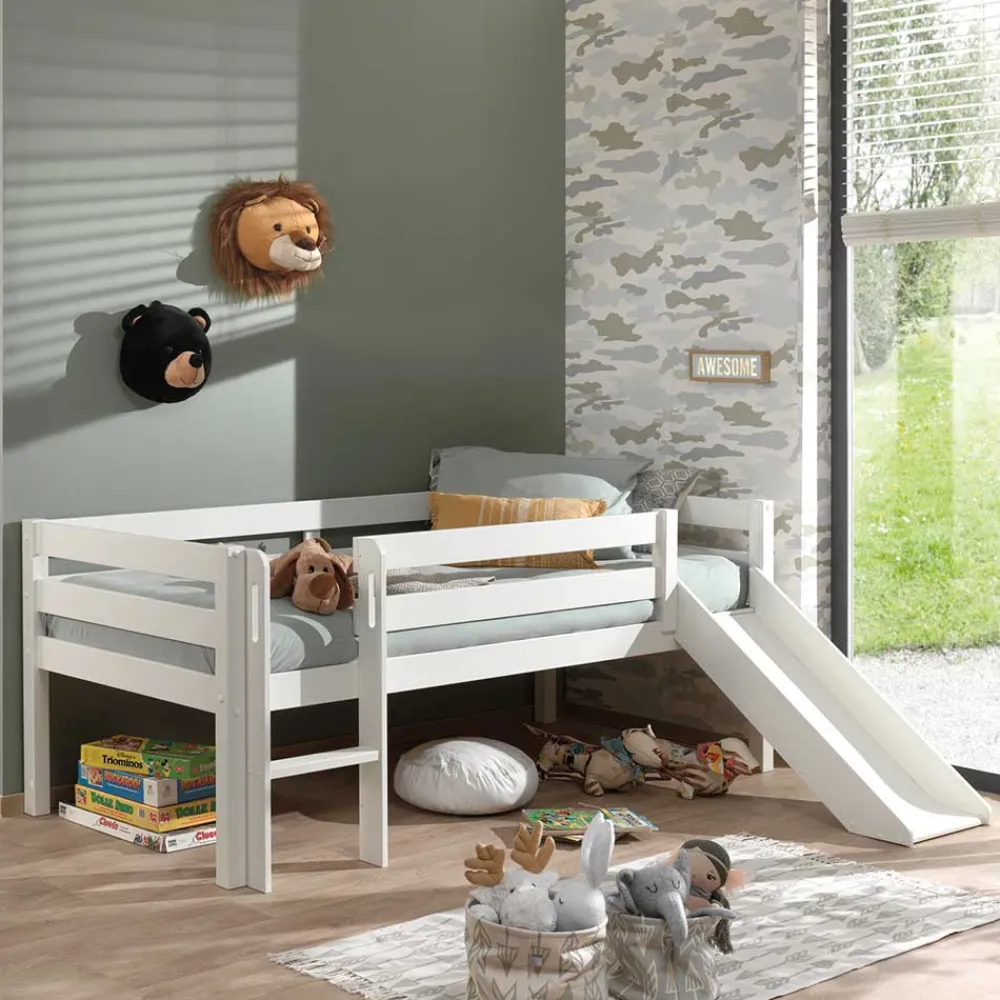 Wohnen Kinderbetten*Weißes Hochbett mit Rutsche - nur 83 cm hoch - Kendalas