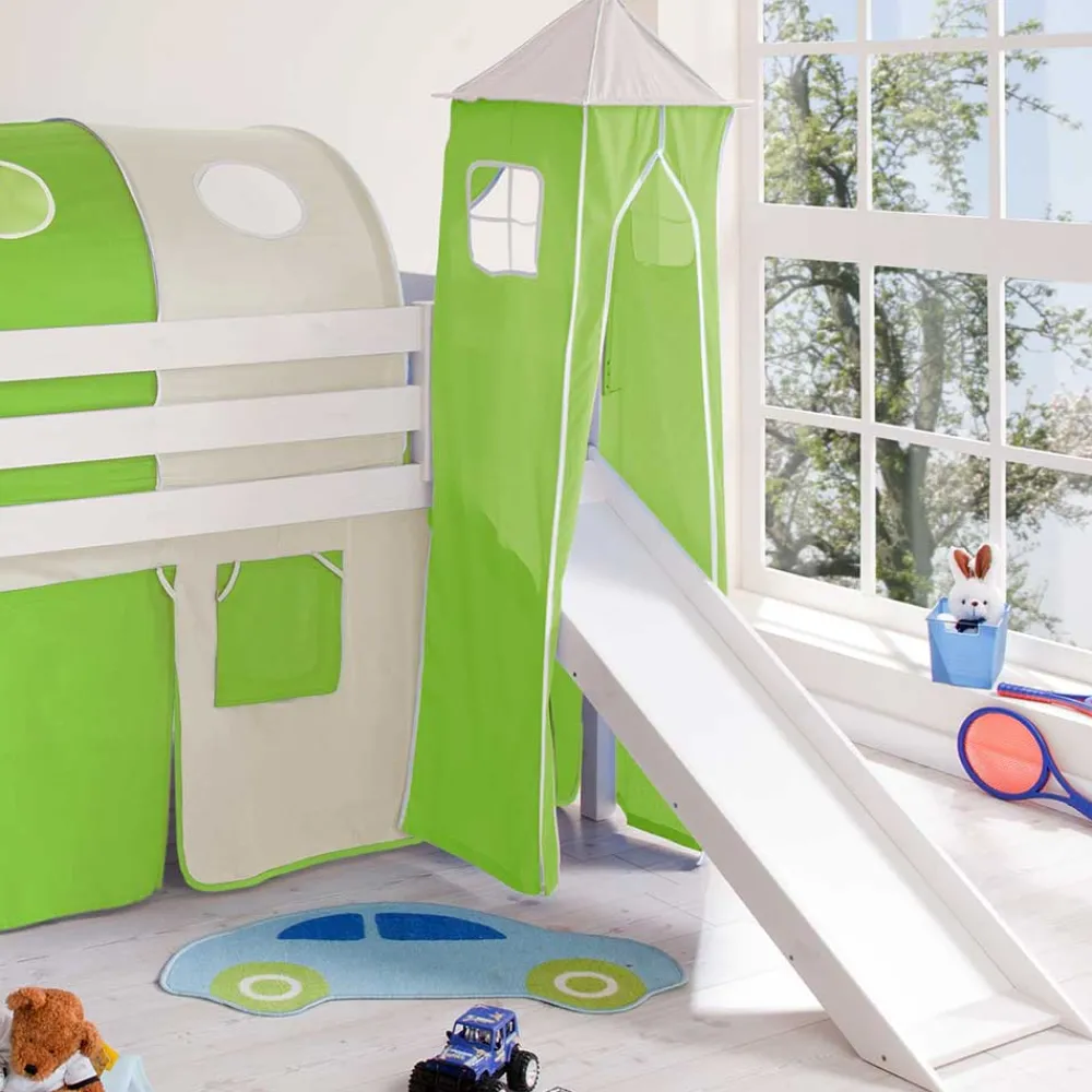Kinder Wohnen Weißes Hochbett mit Rutsche & Turm - Fegura
