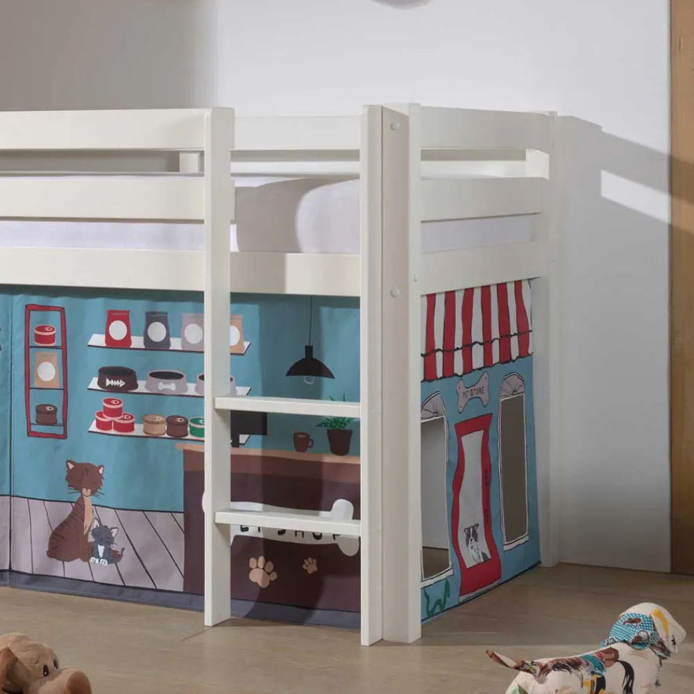 Wohnen Weiße Möbel|Jugendbetten*Weißes Hochbett mit Spielvorhang Zooladen - Nadals