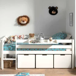 Wohnen Kinderbetten*Weißes Hochbett niedrig mit Hängeregal - Azuro