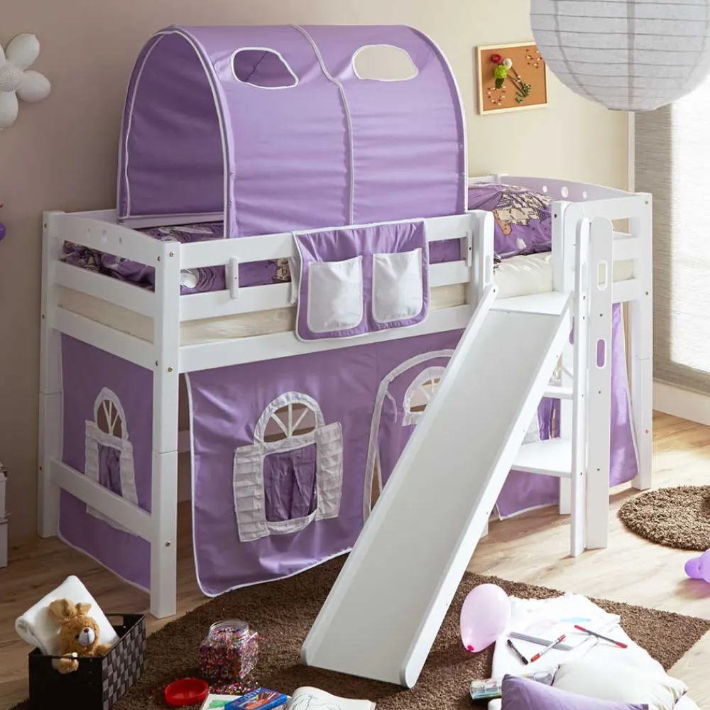 Kinder Wohnen Weißes Holz-Hochbett für Kinder mit Rutsche - Nicrobar