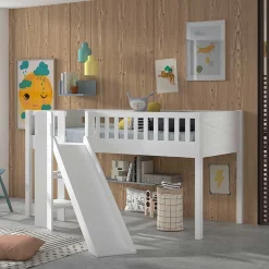 Kinder Wohnen Weißes Kinder-Hochbett mit schräger Rutsche - Ranuves