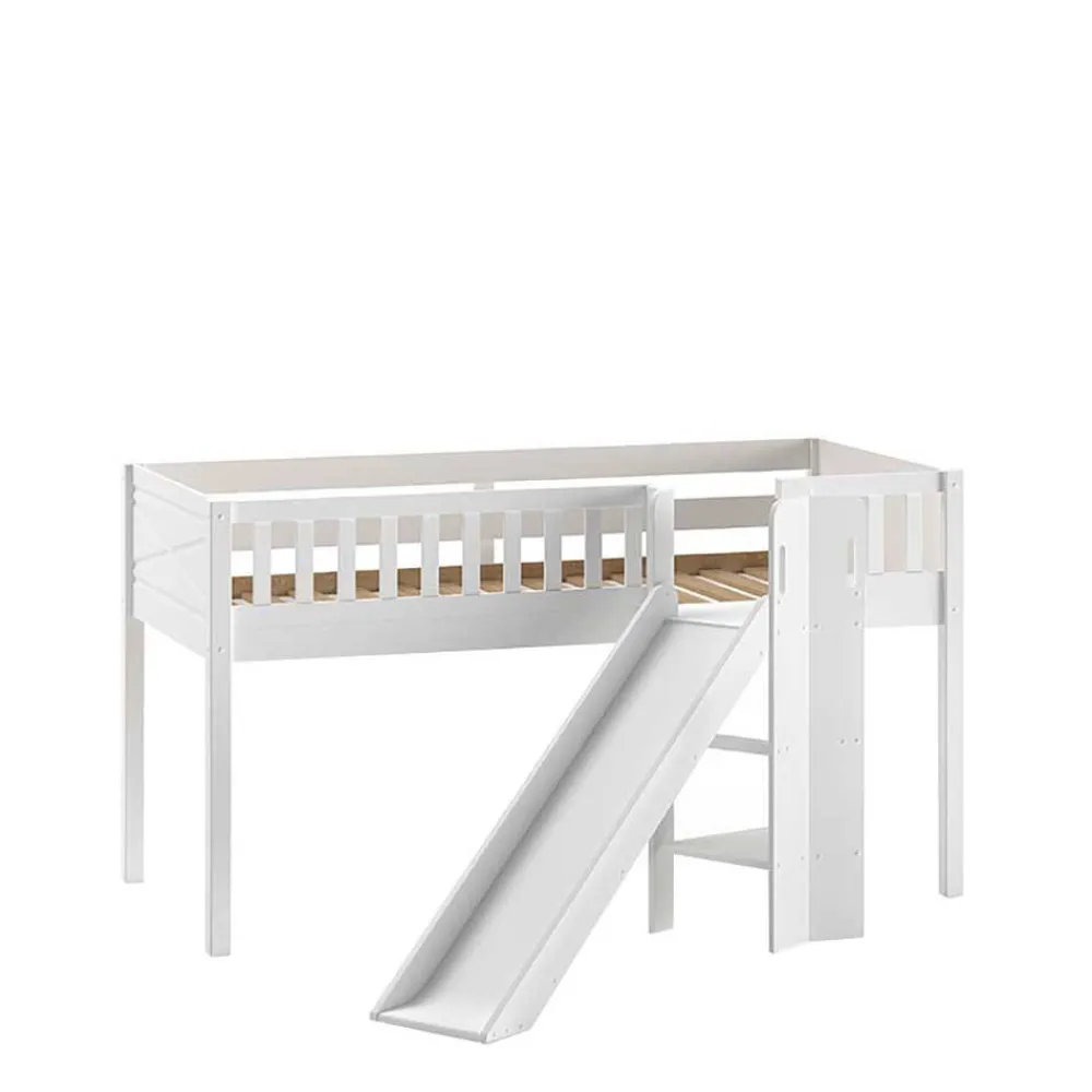 Kinder Wohnen Weißes Kinder-Hochbett mit schräger Rutsche - Ranuves