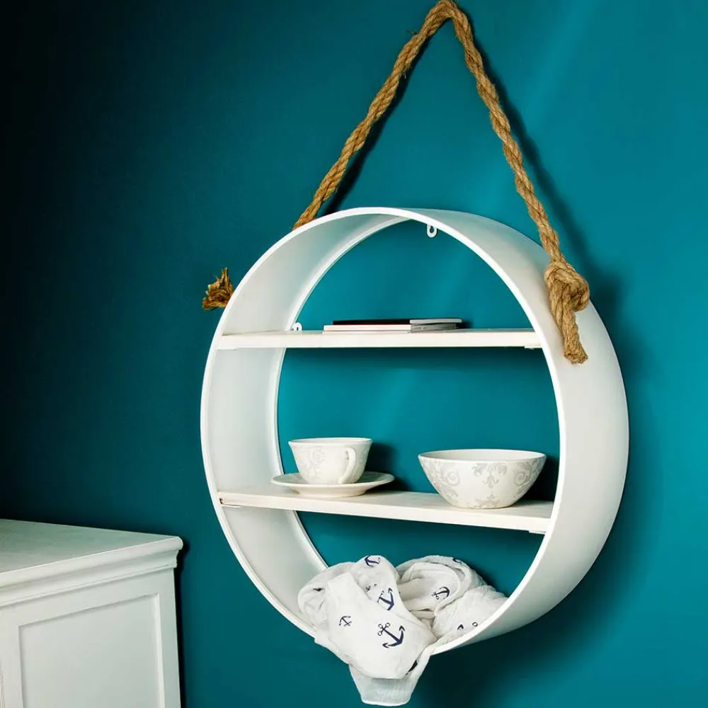 Wohnen Esszimmerregale|Regale*Weißes Regal in Rund mit Seil Aufhängung - Emzanua