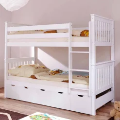 Wohnen Kinderbetten*Weißes Stockbett aus Massivholz Kiefer Huelca mit 5 Schubkästen