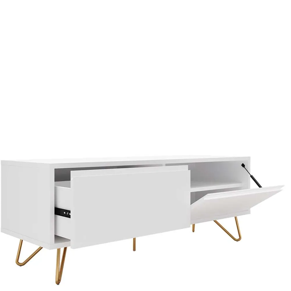 Wohnen Weißes TV Lowboard mit Klappe & Schublade - Marmore