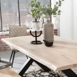 Wohnen White Wash Essgruppe mit X-Fuß Tisch - Tilveta I (sechsteilig)