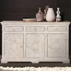 Wohnen White Wash Sideboard mit Ornament Schnitzereien - Rusula