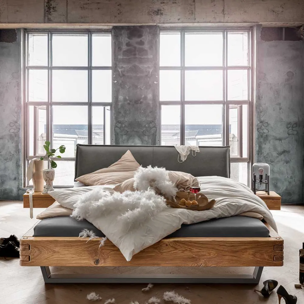 Wohnen Naturholzmöbel|Betten*Wildeiche Balkenbett mit Leder-Kopfteil - Reneva