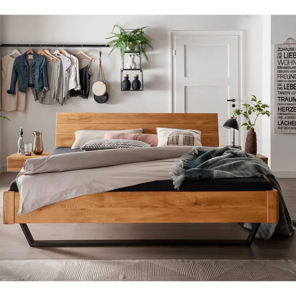 Wohnen Wildeiche Bett mit Metallkufen in Schwarzgrau - Tomya
