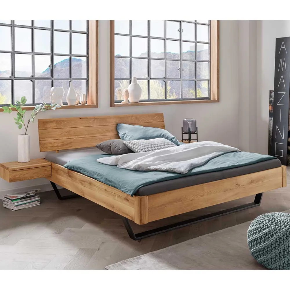 Wohnen Wildeiche Bett mit Metallkufen in Schwarzgrau - Tomya