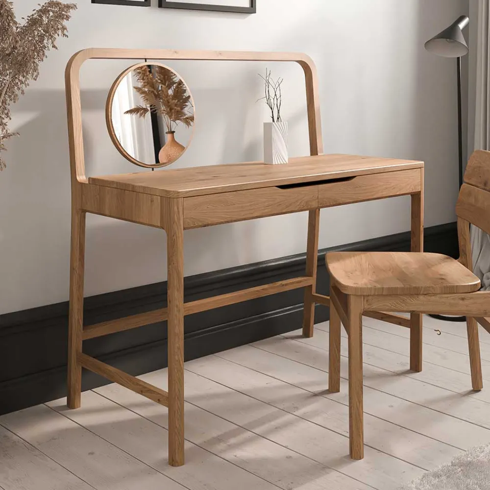 Wohnen Schminktische*Wildeiche Frisiertisch mit rundem Spiegel - Laida