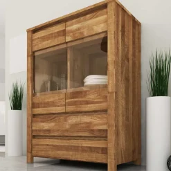 Wohnen Wildeiche Highboard Nadalia massiv geölt Glas