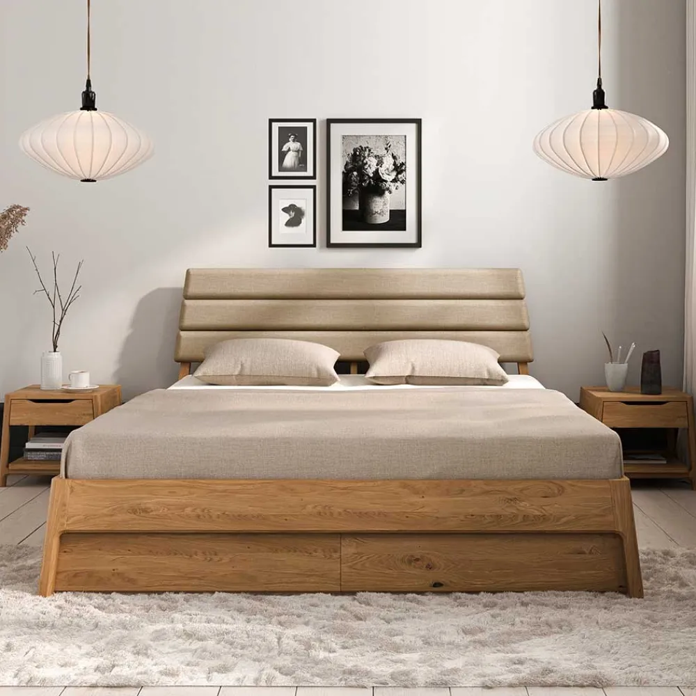 Wohnen Betten|Betten*Wildeiche Holzbett mit Polsterkopfteil in Beige - Favorite