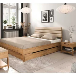 Wohnen Betten|Betten*Wildeiche Holzbett mit Polsterkopfteil in Beige - Favorite